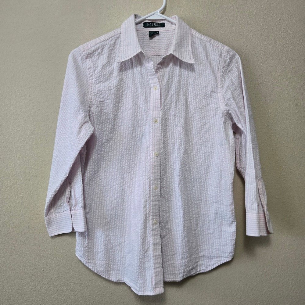 Lauren Ralph Lauren Pink White Seersucker Button Down Shirt Womens Medium Cotton